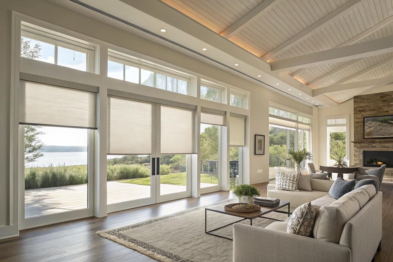 Architectural roller shades on a large wall of windows in a lakeside great room.
