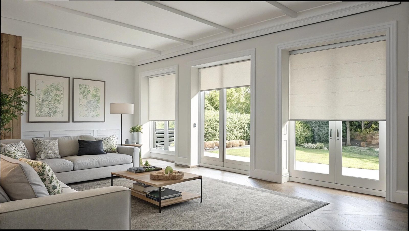 Elegant living room with light-filtering textured roller shades on french doors.