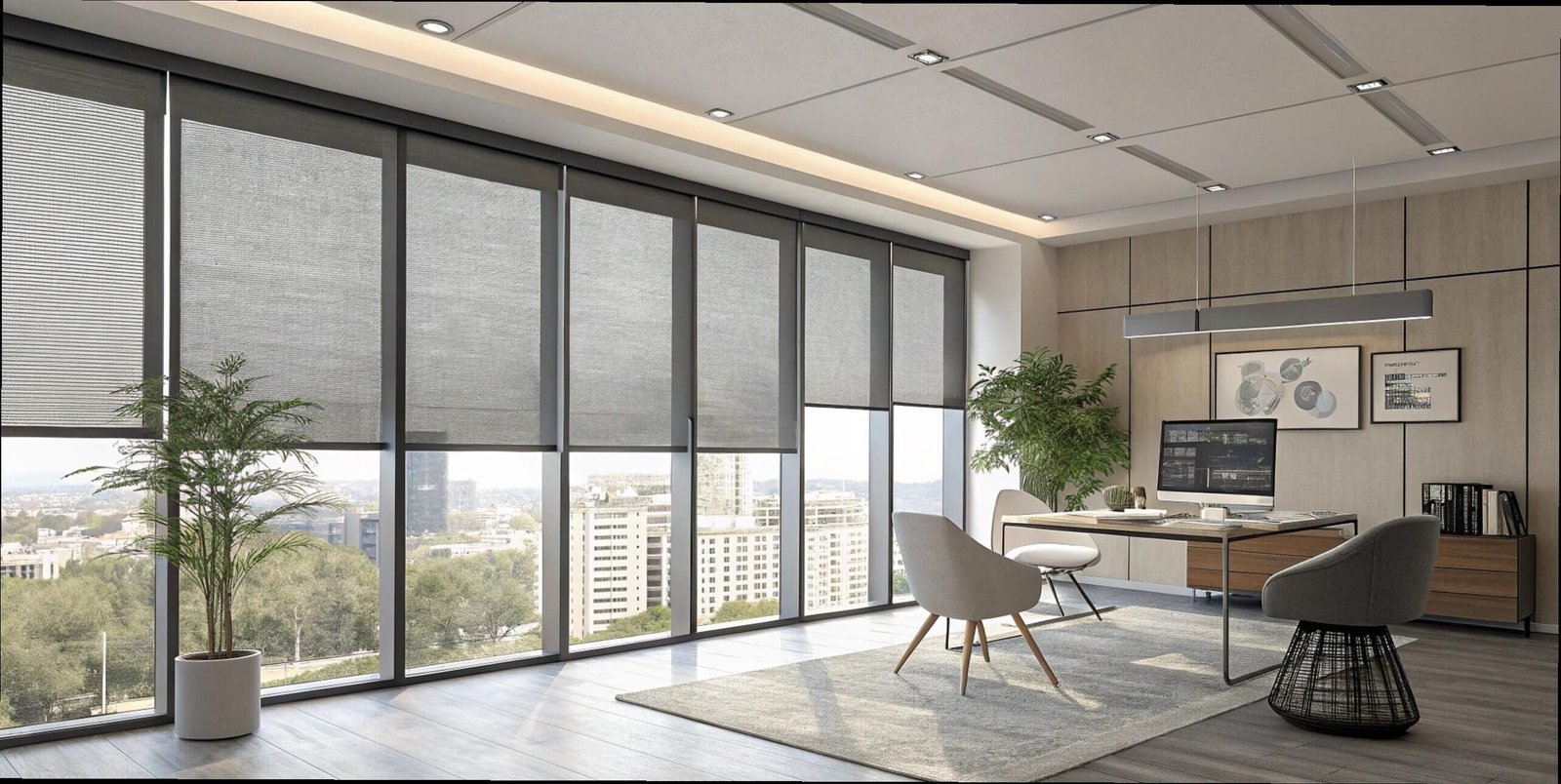 Modern office with dark solar screen shades to reduce glare on computer screens.