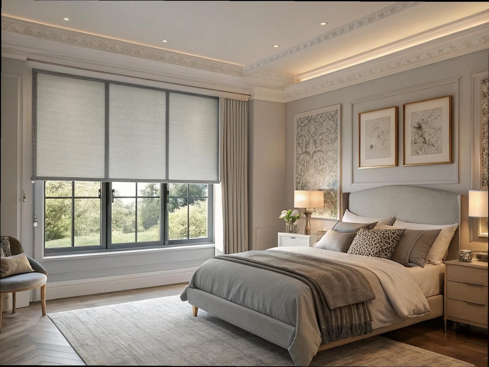 Serene traditional bedroom with grey linen-weave roller shades for a soft look.