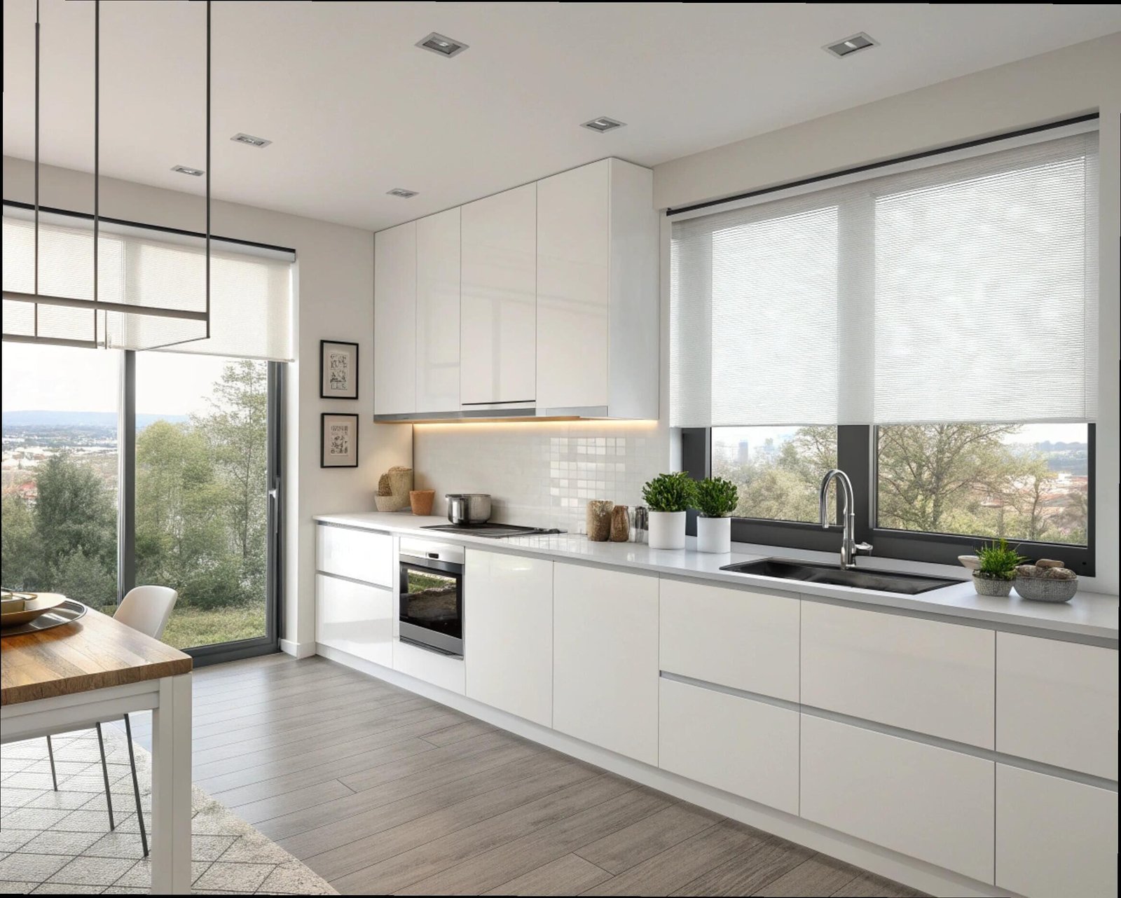Minimalist white kitchen with cellular shades for privacy and light diffusion.