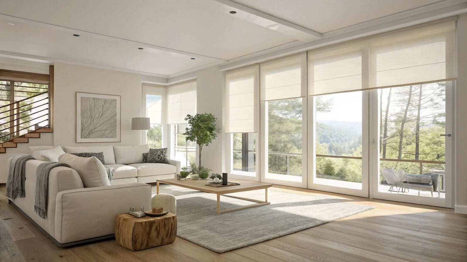 Light-filtering roller shades in a modern living room with large scenic windows.