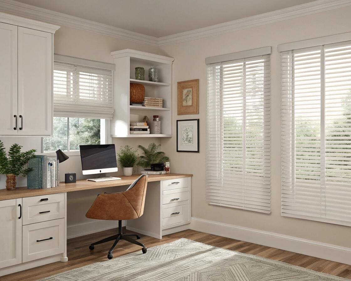 White faux wood blinds in a bright home office with built-in shelving.