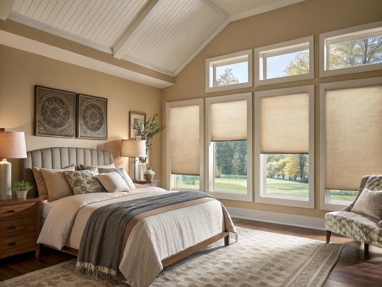 Top-down bottom-up cellular shades in a cozy bedroom for privacy and light.