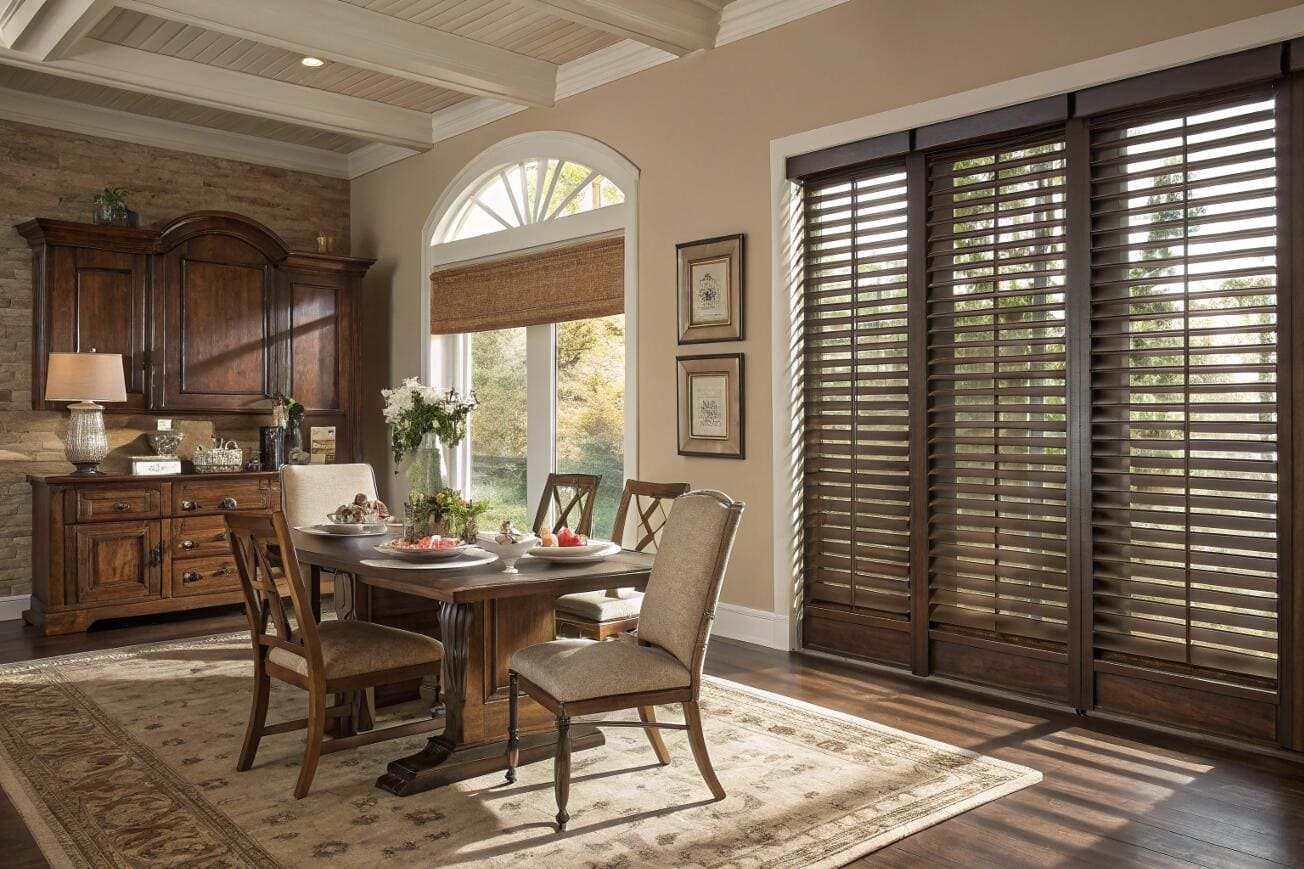 Dark real wood blinds on a sliding glass door in a traditional dining room.