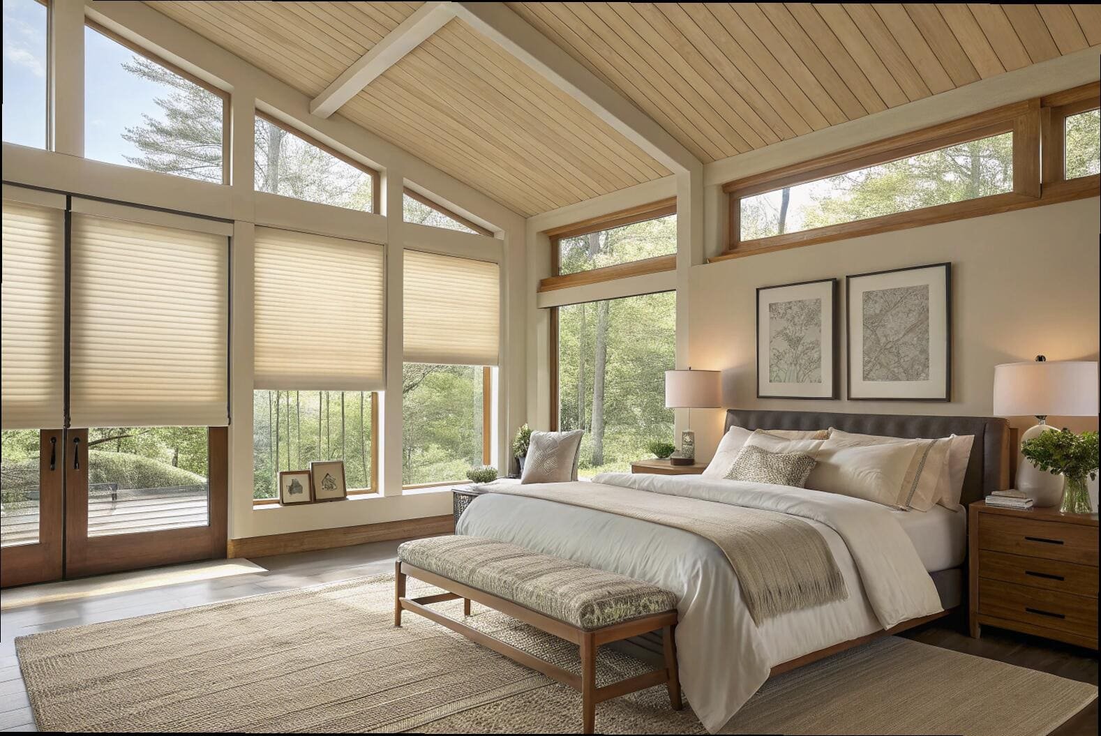 Energy-efficient cellular shades on large, custom-shaped windows in a master bedroom.